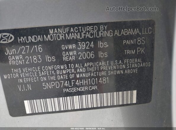 5NPD74LF4HH101481 2017 HYUNDAI ELANTRA Light Blue Vista del compartimento del motor