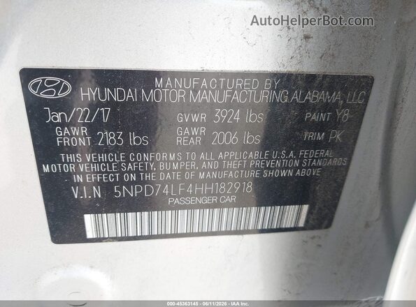5NPD74LF4HH182918 2017 HYUNDAI ELANTRA Silver Widok komory silnika