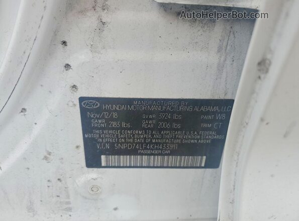 5NPD74LF4KH433511 2019 HYUNDAI ELANTRA White 