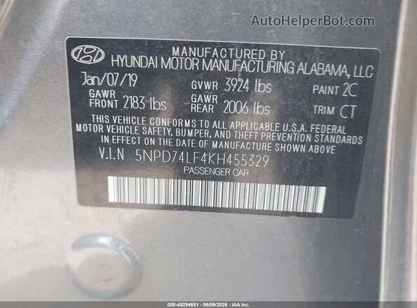 5NPD74LF4KH455329 2019 HYUNDAI ELANTRA Gray Engine compartment view