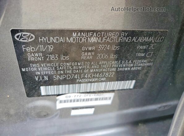 5NPD74LF4KH467822 2019 HYUNDAI ELANTRA Silver VIN կոդի պիտակի տեսք