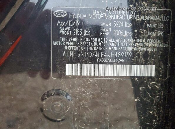 5NPD74LF4KH489139 2019 HYUNDAI ELANTRA Black Widok naklejki z numerem VIN