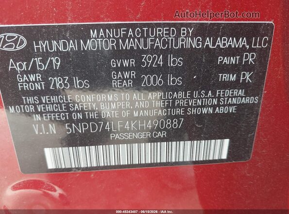 5NPD74LF4KH490887 2019 HYUNDAI ELANTRA Red ძრავის განყოფილების ხედი