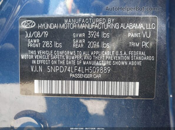 5NPD74LF4LH509889 2020 HYUNDAI ELANTRA Blue ძრავის განყოფილების ხედი