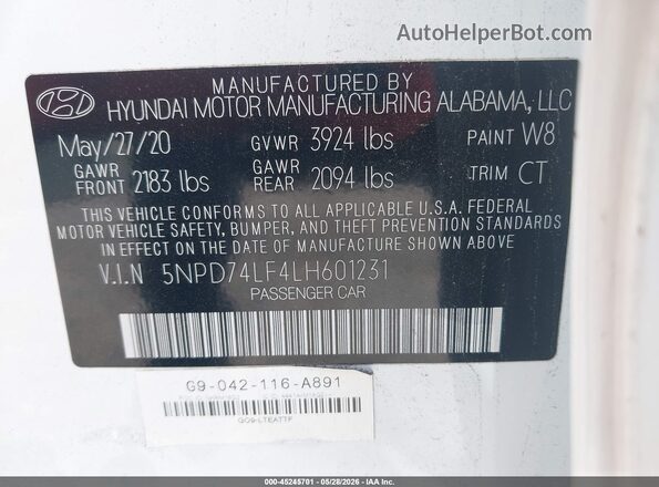 5NPD74LF4LH601231 2020 HYUNDAI ELANTRA White Engine compartment view