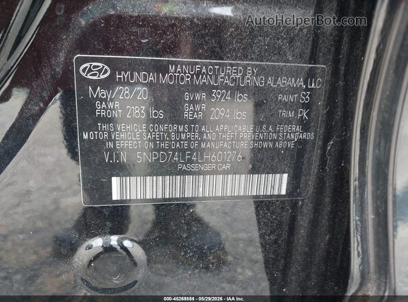 5NPD74LF4LH601276 2020 HYUNDAI ELANTRA Black ძრავის განყოფილების ხედი