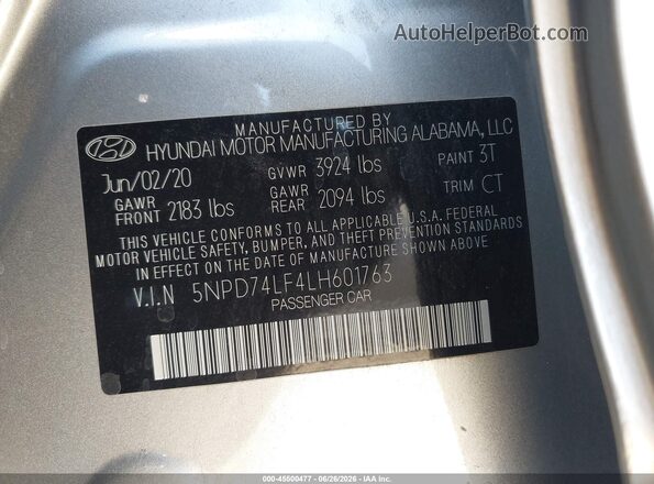 5NPD74LF4LH601763 2020 HYUNDAI ELANTRA Серебряный Вид подкапотного пространства
