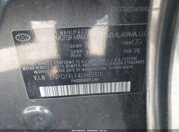 5NPD74LF4LH603111 2020 HYUNDAI ELANTRA Gray Vista del compartimento del motor
