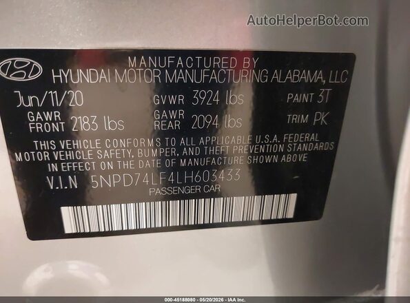 5NPD74LF4LH603433 2020 HYUNDAI ELANTRA Silver 