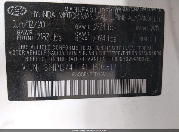 5NPD74LF4LH603819 2020 HYUNDAI ELANTRA White Vista del compartimento del motor