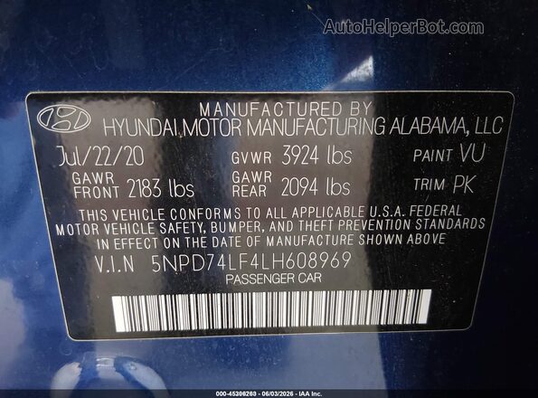 5NPD74LF4LH608969 2020 HYUNDAI ELANTRA Blue Vista del compartimento del motor