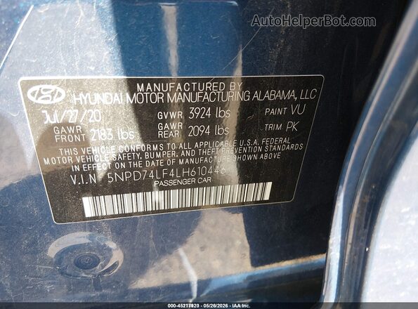5NPD74LF4LH610446 2020 HYUNDAI ELANTRA Blue Widok komory silnika