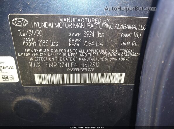5NPD74LF4LH612312 2020 HYUNDAI ELANTRA Blue ძრავის განყოფილების ხედი