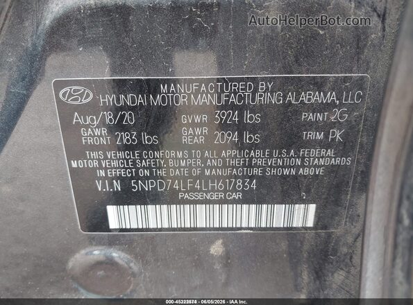 5NPD74LF4LH617834 2020 HYUNDAI ELANTRA Gray Vista del compartimento del motor