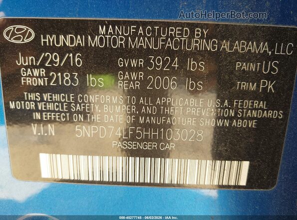 5NPD74LF5HH103028 2017 HYUNDAI ELANTRA Blue 
