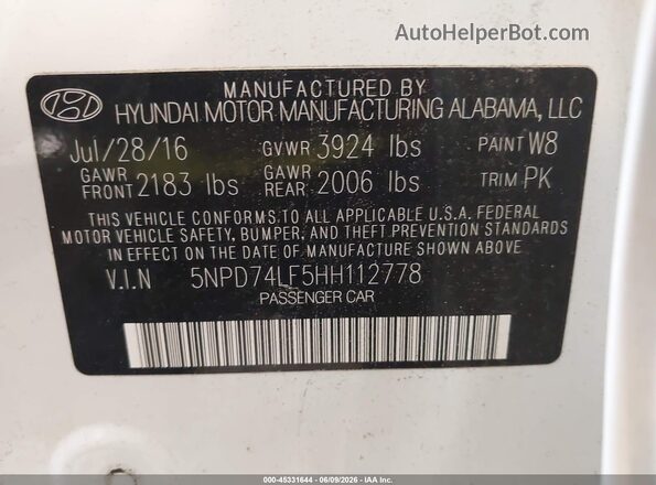 5NPD74LF5HH112778 2017 HYUNDAI ELANTRA White 