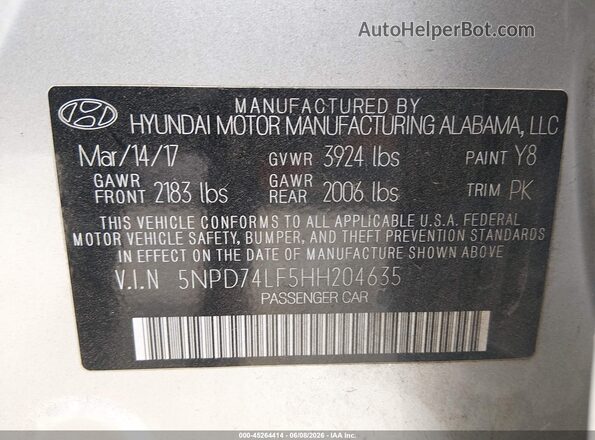 5NPD74LF5HH204635 2017 HYUNDAI ELANTRA Silver Engine compartment view