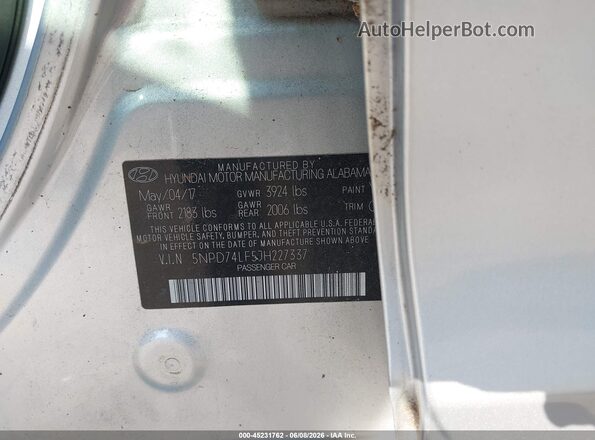 5NPD74LF5JH227337 2018 HYUNDAI ELANTRA Серый Вид подкапотного пространства