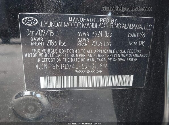 5NPD74LF5JH310816 2018 HYUNDAI ELANTRA Black Вид підкапотного простору