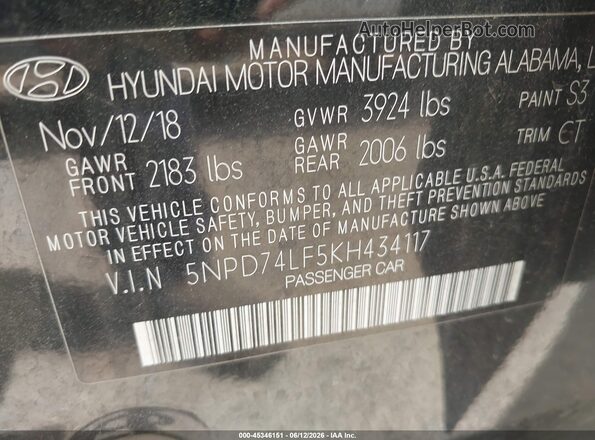 5NPD74LF5KH434117 2019 HYUNDAI ELANTRA Black ძრავის განყოფილების ხედი