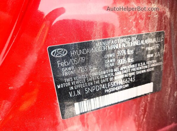5NPD74LF5KH466243 2019 HYUNDAI ELANTRA Красный Вид наклейки с VIN-кодом