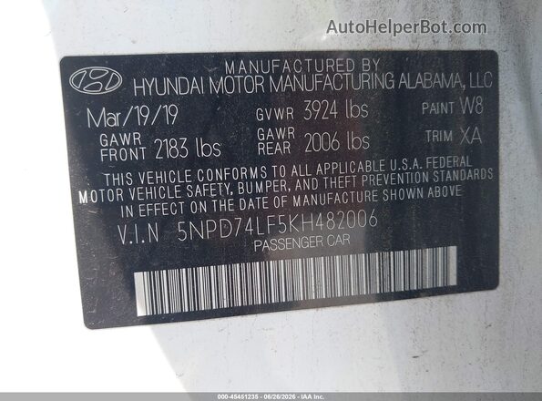 5NPD74LF5KH482006 2019 HYUNDAI ELANTRA White Вид підкапотного простору