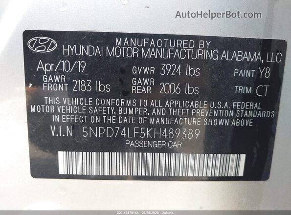 5NPD74LF5KH489389 2019 HYUNDAI ELANTRA Silver Engine compartment view