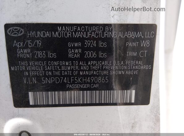 5NPD74LF5KH490865 2019 HYUNDAI ELANTRA White Շարժիչի բաժամունքի տեսք