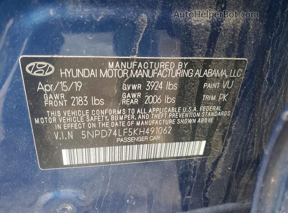 5NPD74LF5KH491062 2019 HYUNDAI ELANTRA Синий 