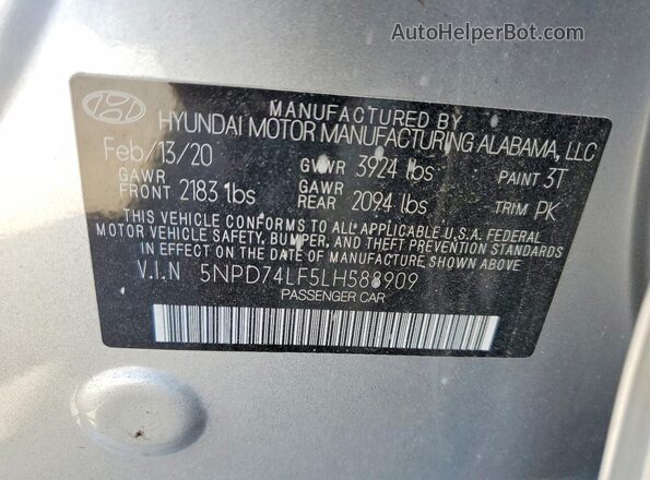 5NPD74LF5LH588909 2020 HYUNDAI ELANTRA Серебряный 