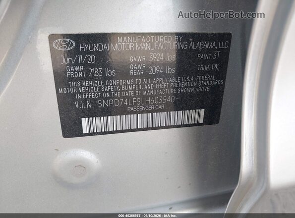 5NPD74LF5LH603540 2020 HYUNDAI ELANTRA Silver Vista del compartimento del motor