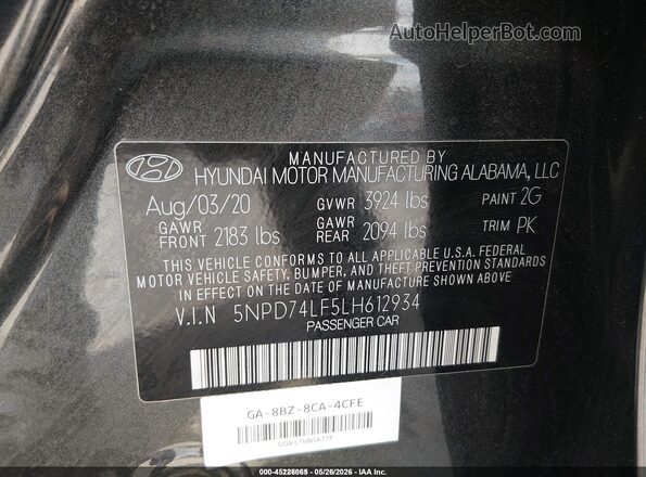 5NPD74LF5LH612934 2020 HYUNDAI ELANTRA Black 