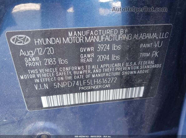 5NPD74LF5LH616272 2020 HYUNDAI ELANTRA Blue 