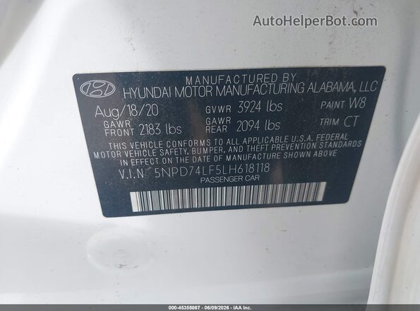 5NPD74LF5LH618118 2020 HYUNDAI ELANTRA White 