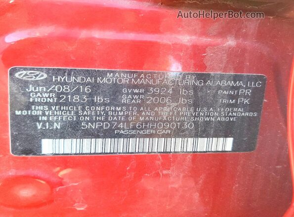 5NPD74LF6HH090130 2017 HYUNDAI ELANTRA Red 