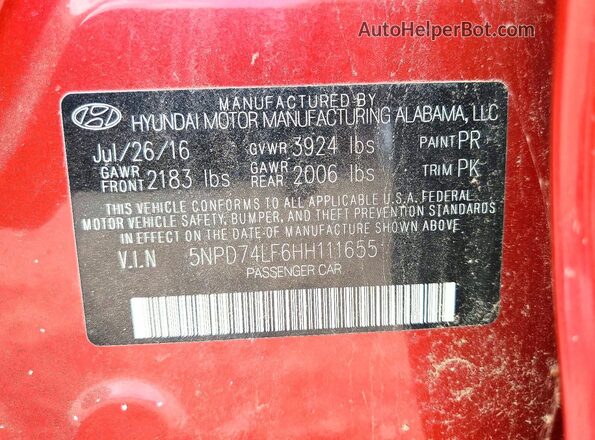 5NPD74LF6HH111655 2017 HYUNDAI ELANTRA Красный Вид подкапотного пространства