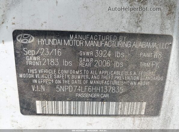 5NPD74LF6HH137835 2017 HYUNDAI ELANTRA White 