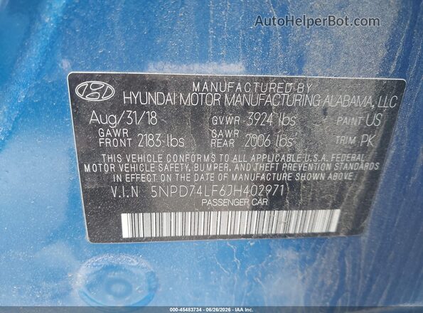 5NPD74LF6JH402971 2018 HYUNDAI ELANTRA Blue Vista del compartimento del motor
