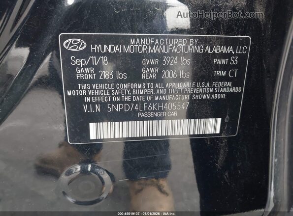 5NPD74LF6KH405547 2019 HYUNDAI ELANTRA Black Widok komory silnika