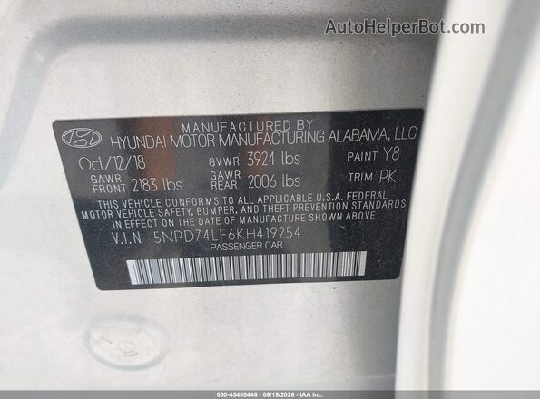 5NPD74LF6KH419254 2019 HYUNDAI ELANTRA Silver Widok komory silnika