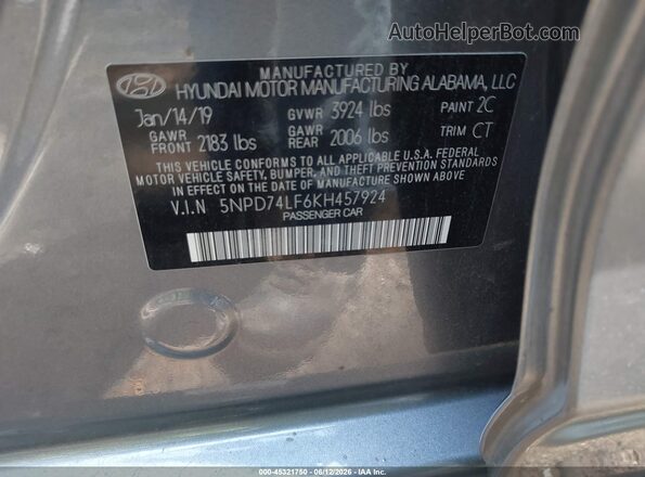 5NPD74LF6KH457924 2019 HYUNDAI ELANTRA Gray Շարժիչի բաժամունքի տեսք