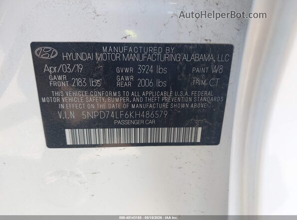 5NPD74LF6KH486579 2019 HYUNDAI ELANTRA White 