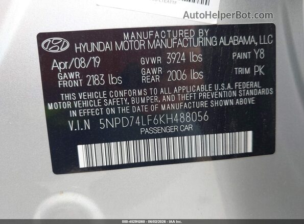 5NPD74LF6KH488056 2019 HYUNDAI ELANTRA Silver 