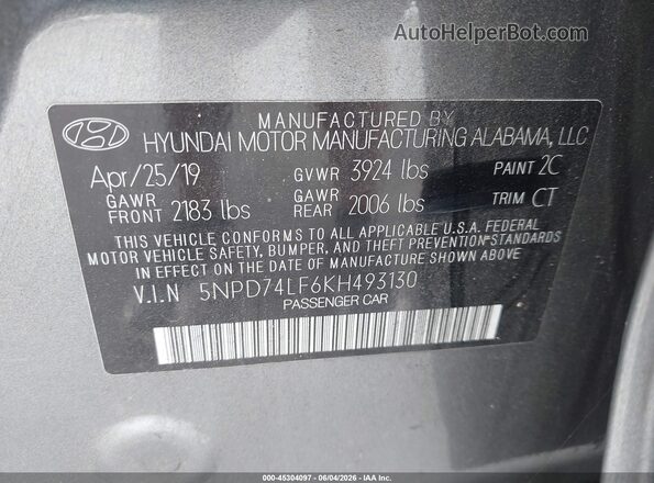 5NPD74LF6KH493130 2019 HYUNDAI ELANTRA Gray Շարժիչի բաժամունքի տեսք