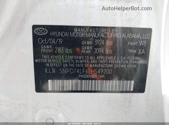 5NPD74LF6LH549200 2020 HYUNDAI ELANTRA White Շարժիչի բաժամունքի տեսք