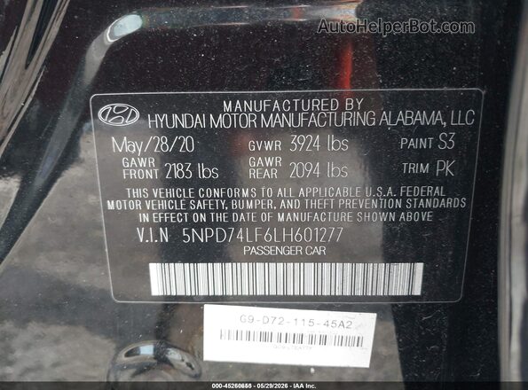 5NPD74LF6LH601277 2020 HYUNDAI ELANTRA Black Vista del compartimento del motor