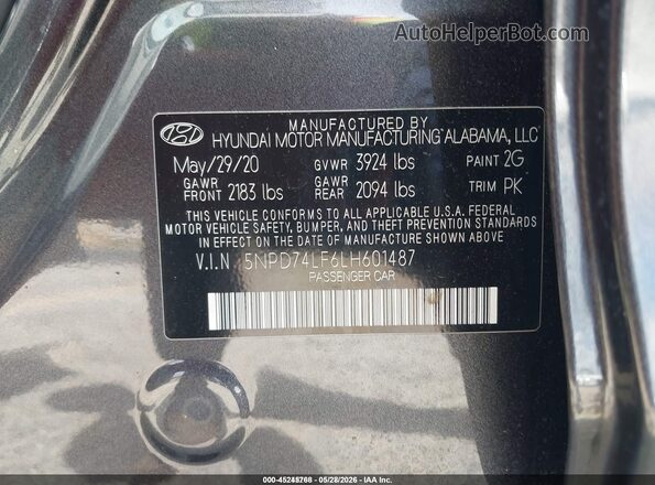 5NPD74LF6LH601487 2020 HYUNDAI ELANTRA Gray Engine compartment view