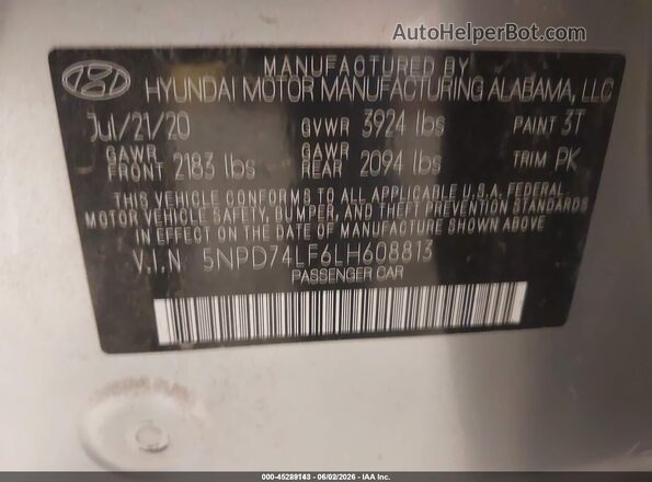 5NPD74LF6LH608813 2020 HYUNDAI ELANTRA Silver 