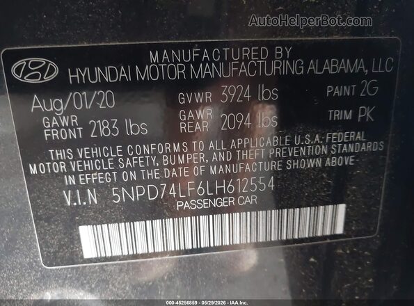 5NPD74LF6LH612554 2020 HYUNDAI ELANTRA Gray Vista del compartimento del motor