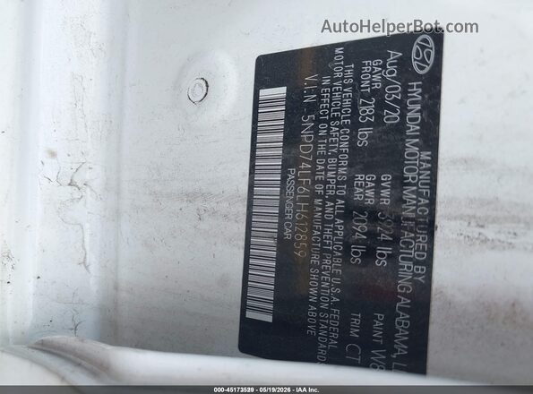 5NPD74LF6LH612859 2020 HYUNDAI ELANTRA White 